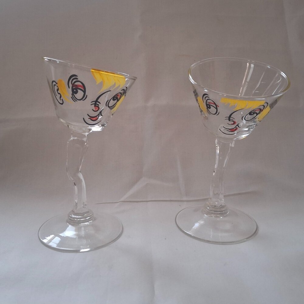 Cocktail Glasses Vintage 1950s Set of 2 Gay Fad Bent Stem Tipsy Hand Painted